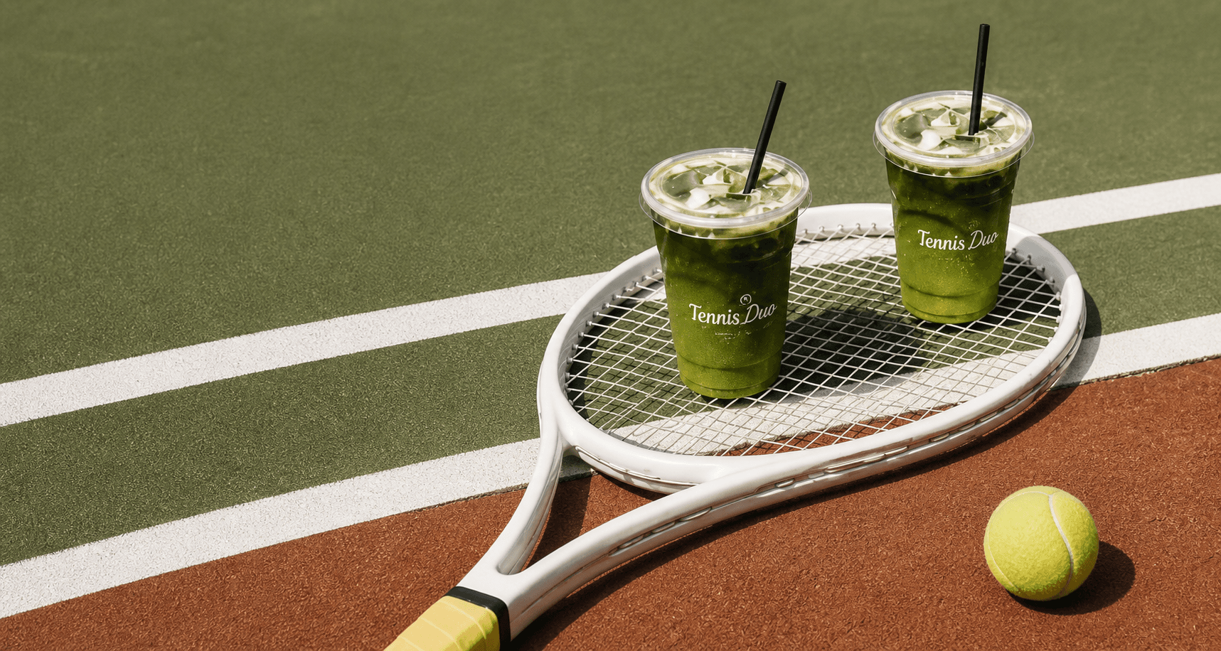 A tennis court at golden hour with a racquet resting on the net